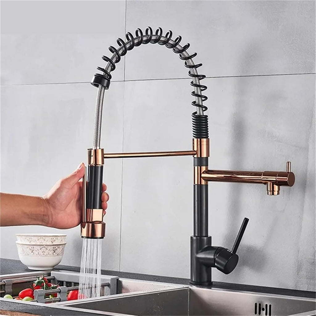 Kitchen Spring Faucet Pull Down Pull Out Dual Spouts 360 Rotation Cold and Hot Water Single Handle Mixer Tap(ORB Rose Gold Short)