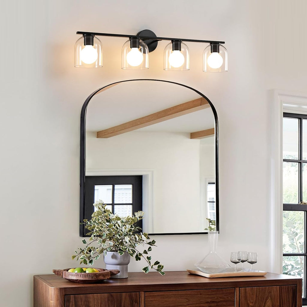 WOSHITU Bathroom Vanity Light Fixtures: 32.3 Inch Modern Matte Black Bathroom Lighting Fixtures Over Mirror with Clear Glass Shade 4 Light Vanity Lighting Fixtures Farmhouse Vanity Lights