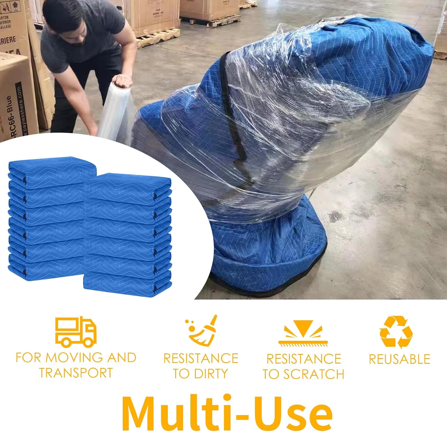 Moving Blankets 12 Packs, Extra Large 80'x72' Furniture Moving Pads, Reusable Packing Blankets, Professional Quilted Furniture Shipping & Storage Pads for Couch Desk Cabinet Appliances, Blue and Black