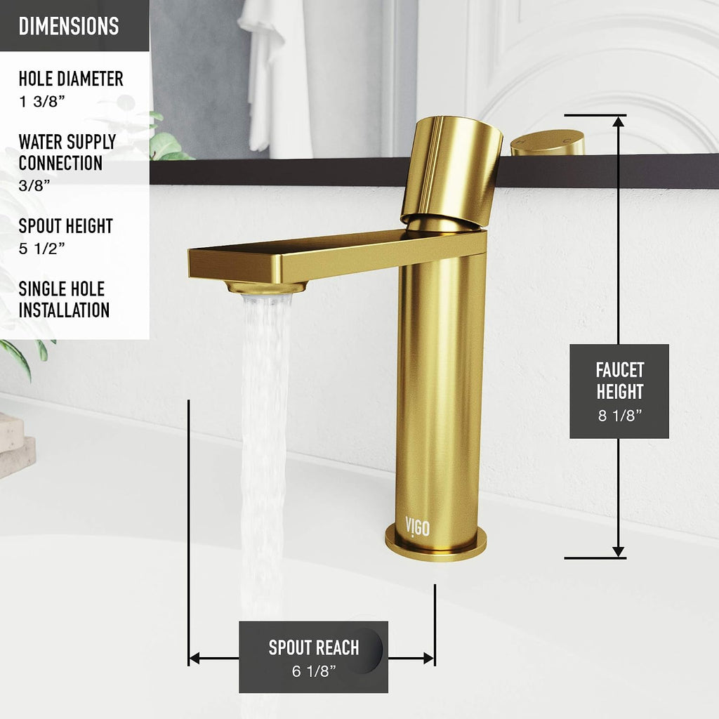 VIGO Halsey Single-Handle Single-Hole Mount Bathroom Sink Faucet, 8-Inch, Matte Brushed Gold, Modern Design, Solid Brass, 1.2 GPM WaterSense & Ceramic Disc Valve, Corrosion-Resistant