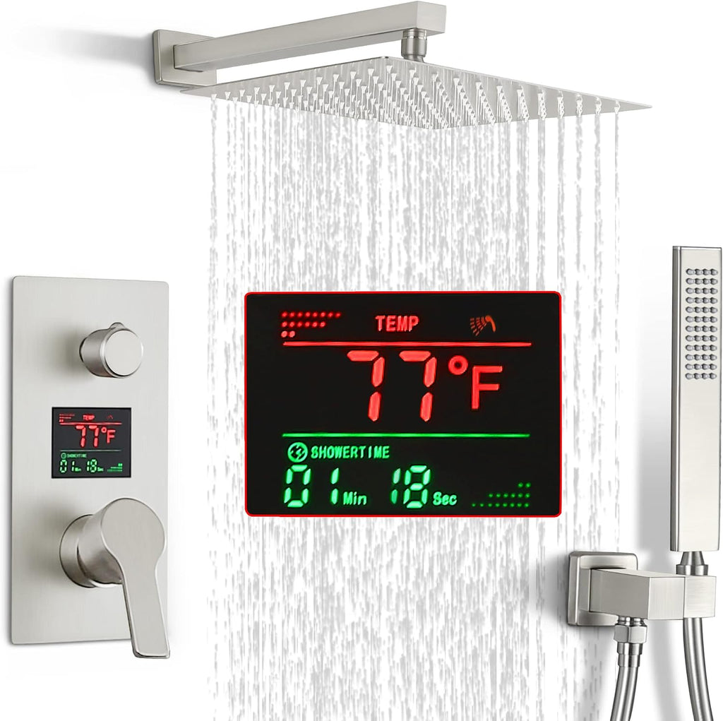 SKWOLL Shower Faucet Sets with Hydro Power Temperature Display, Brushed Nickel 12 Inch Shower Head Combo Kit, 2 Function Wall Mounted Shower Fixtures with Digital Shower Valve