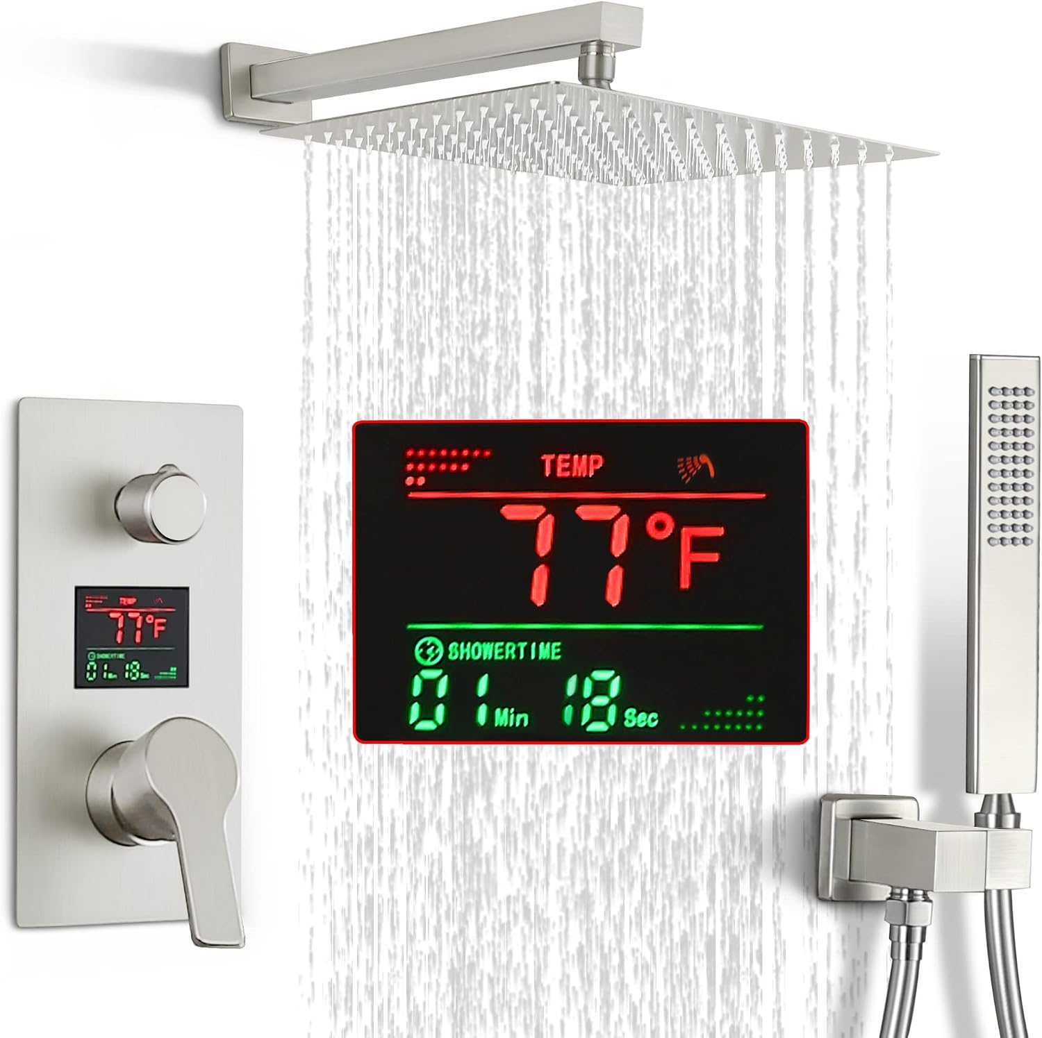 SKWOLL Shower Faucet Sets with Hydro Power Temperature Display, Brushed Nickel 12 Inch Shower Head Combo Kit, 2 Function Wall Mounted Shower Fixtures with Digital Shower Valve