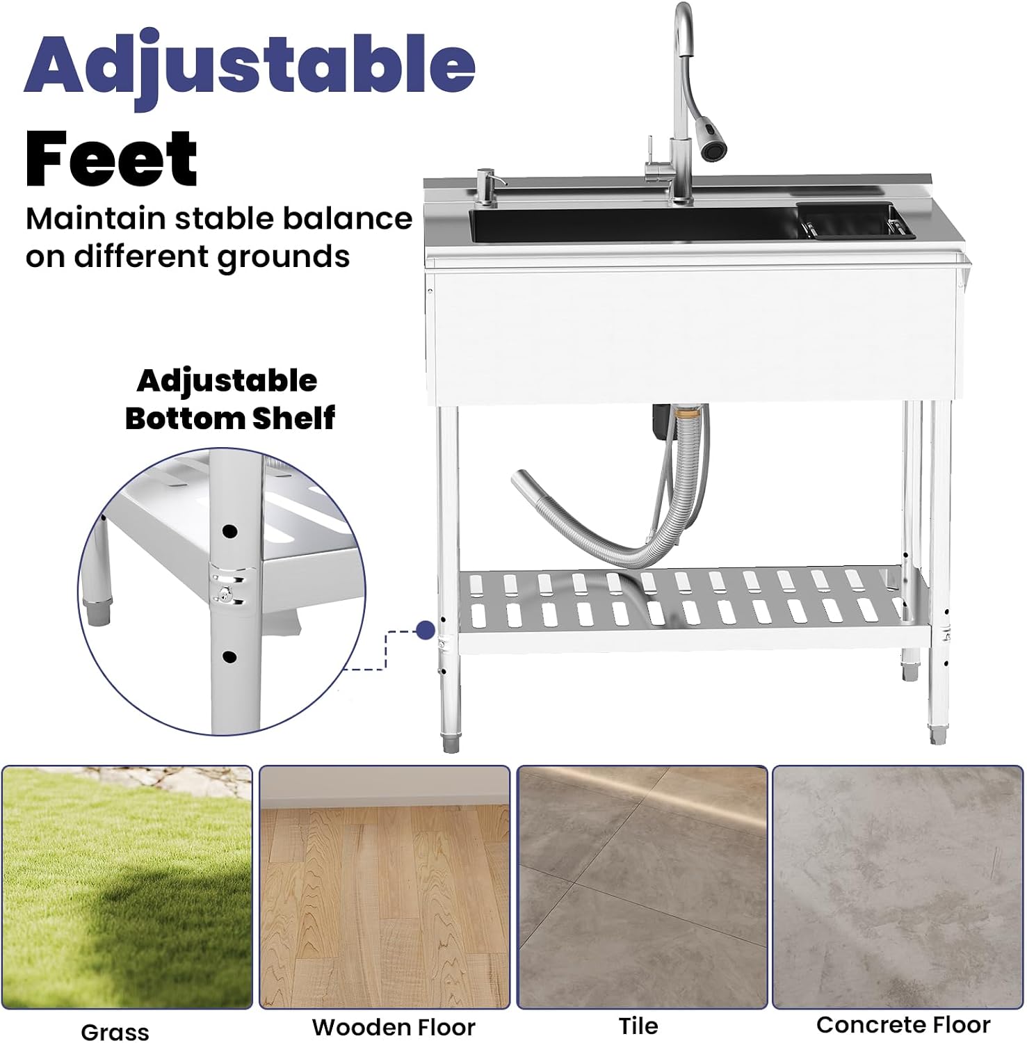 Stainless Steel Utility Sink, 30.8'' Free Standing Single Bowl Sink with Cold and Hot Water Pipe & Pull-Out Faucet & basket, Indoor and Outdoor Sink for Laundry Room, Garage, Kitchen, Silver