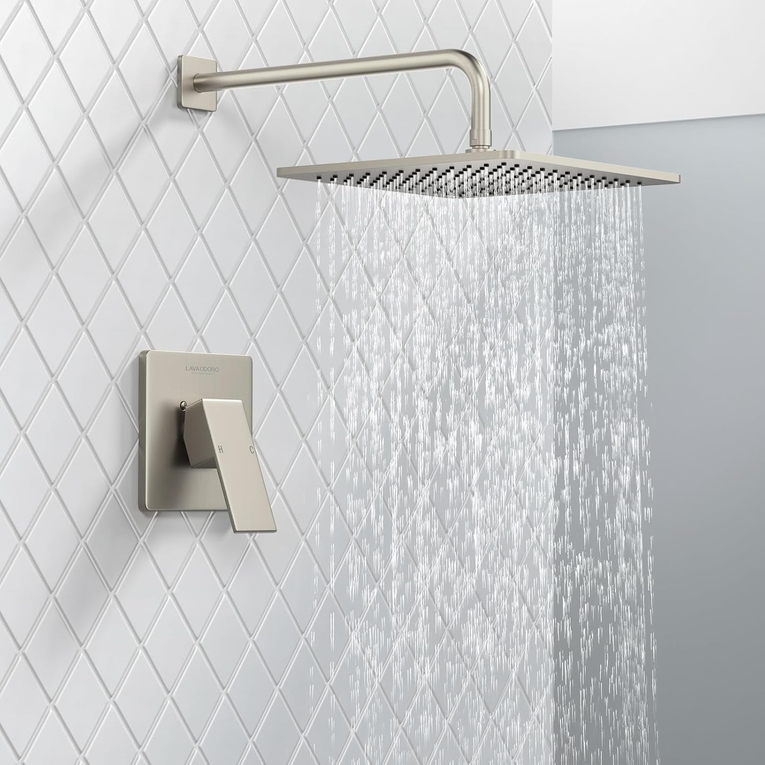 Lava Odoro 12-inch Modern Square Shower Faucet Set Brushed Nickel, Shower Trim Kit with Rough-in Valve High Pressure Rainfall Shower Head and Handle Set (Valve Included), SF106-BN