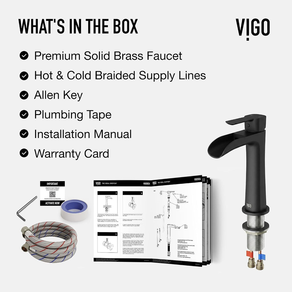 VIGO Niko Waterfall Single-Handle Single-Hole Mount Vessel Bathroom Sink Faucet, 11-Inch, Matte Black, Modern Design, Solid Brass, 1.2 GPM WaterSense & Ceramic Disc Valve - VG03024MB
