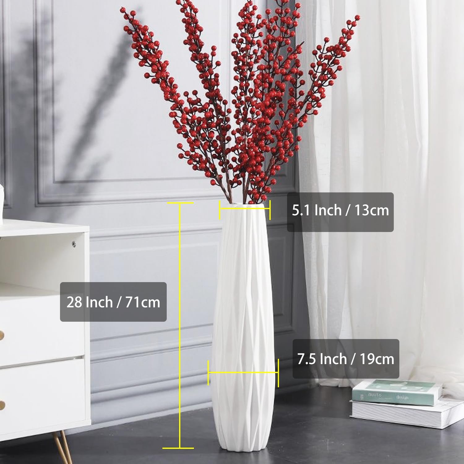 White Tall Floor Vase, 28' Ceramic Decorative Large Vases for Living Room Decor Home Office Bedroom, Modern Big Standing Flower Vase with Glossy Glaze