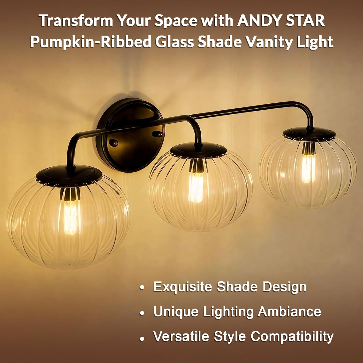 ANDY STAR Black Vanity Lights, 3 Light Bathroom Light Fixtures with Clear Pumpkin-Ribbed Glass Globe Shade, Classic Matte Black Striped Wall Lights for Over Mirror, G9 Base (No Bulbs)