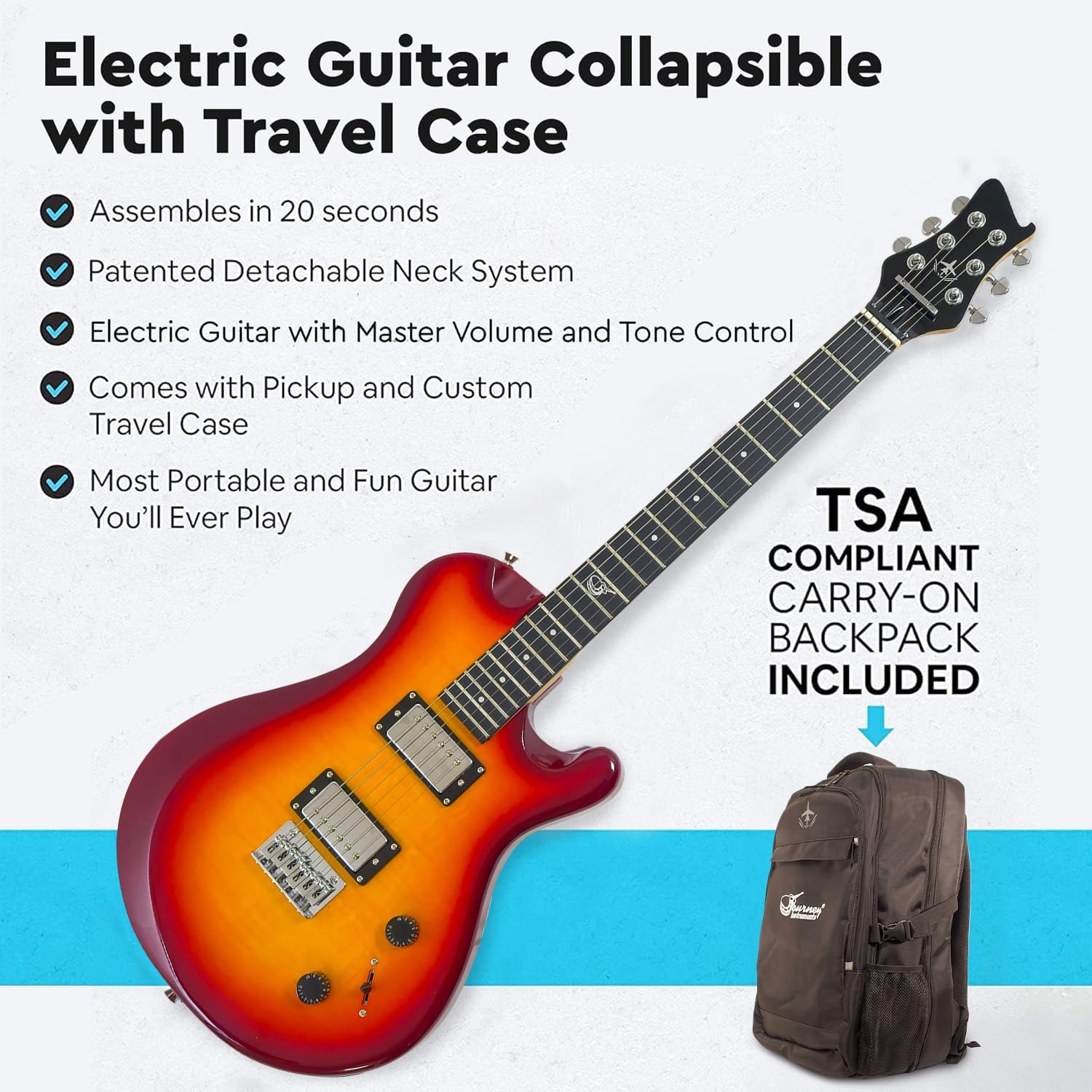 Journey Instruments OE990CB Collapsible Electric Travel Guitar – Folding 25' Scale Full-Size Electric Guitar with Patented Detachable Neck System and Carry-On Backpack Case (Cherry Sunburst)