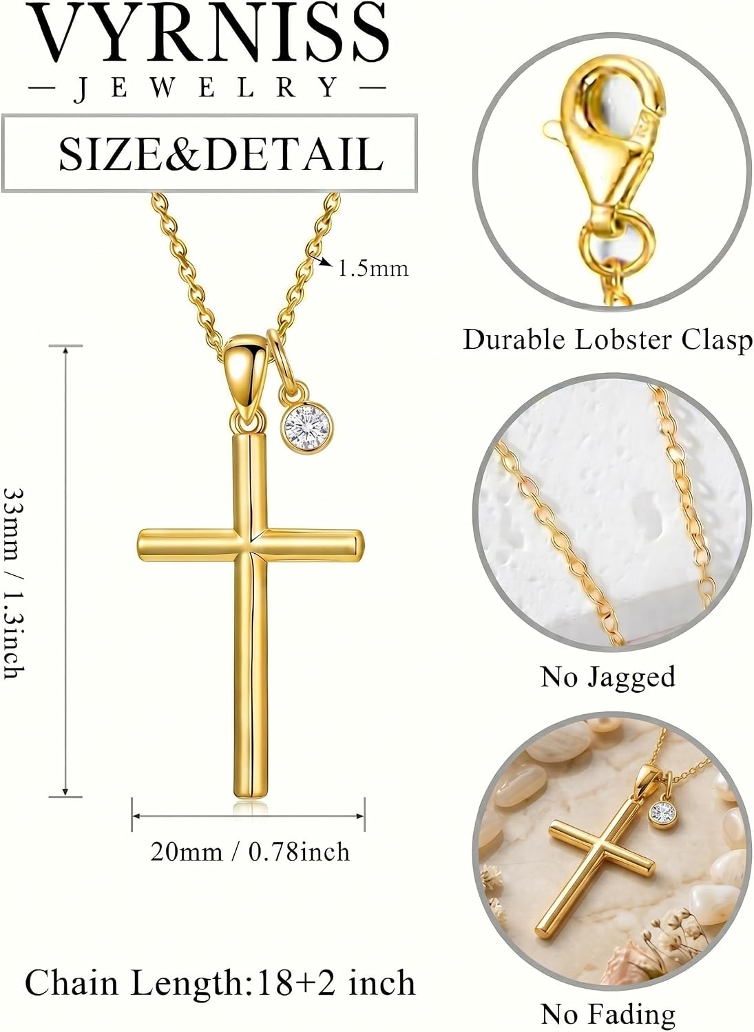 18K Gold Cross Pendant for Women Gold Cross Necklace 18K Gold Jewelry Religious Gift