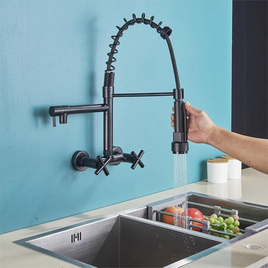 Wall Mounted Kitchen Faucet Hot Cold Water Mixer Tap Pull Down Spray 360 Rotation Kitchen Mixer Taps(Matte Black)