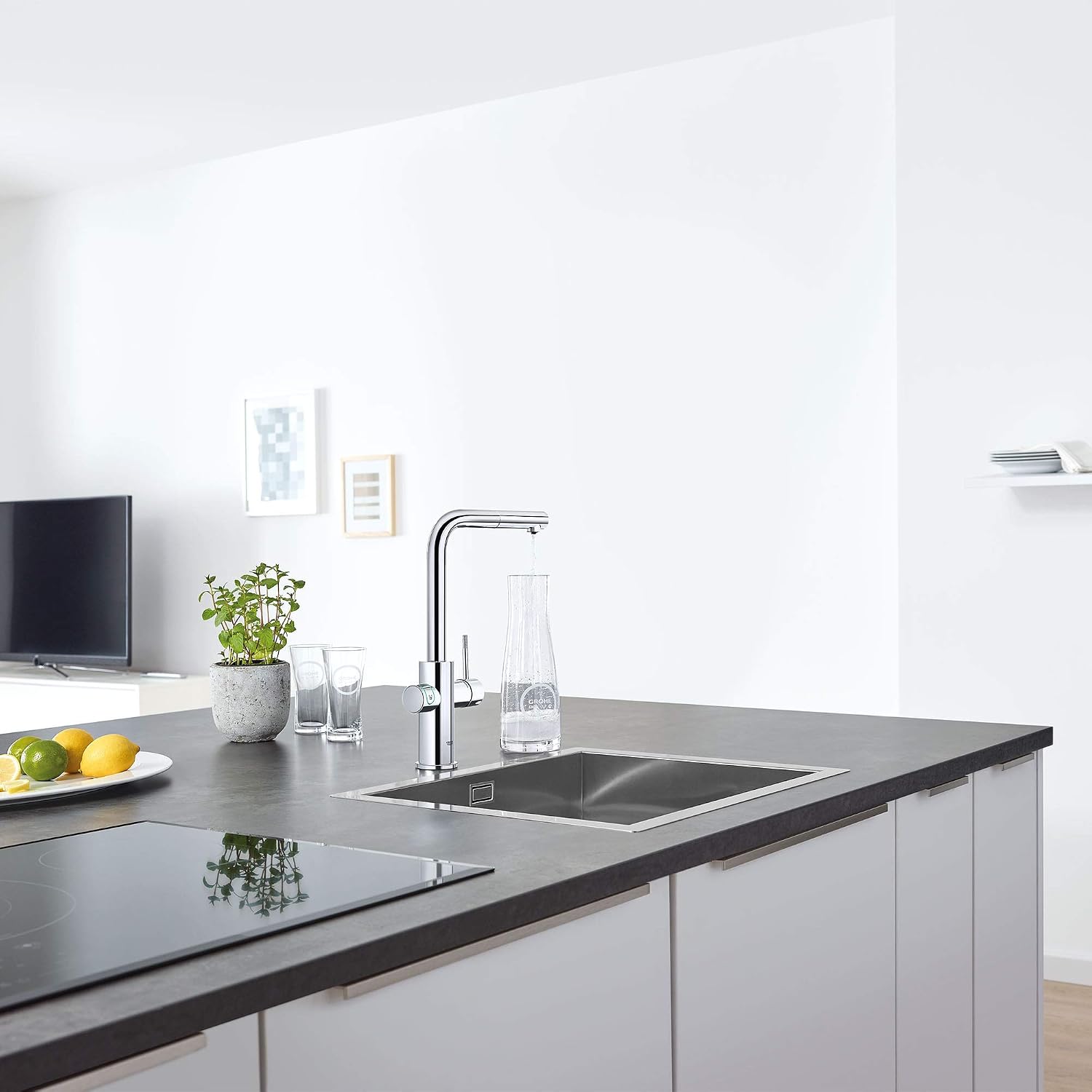 GROHE 31608002 Blue Single-Handle Pull-Out Kitchen Faucet Single Spray with Chilled & Sparkling Water, 1.75 GPM