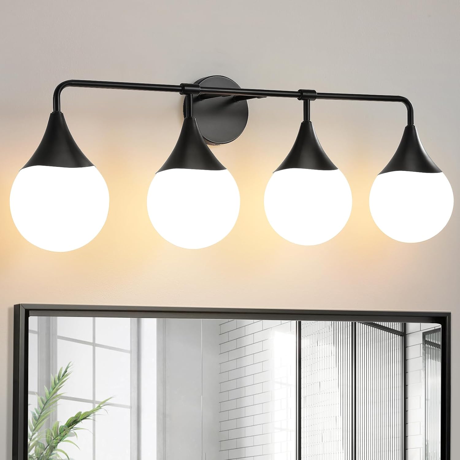 Bathroom Vanity Light Fixtures: 4-Light Mid Century Modern Bathroom Lighting Fixtures Over Mirrors - Matte Black Wall Sconce with Milky Glass Ball Shade for Bath Bedroom