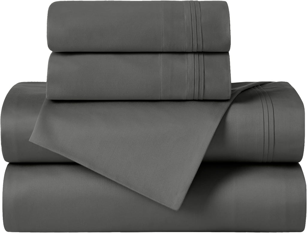 Superior Egyptian Cotton 4 Piece Sheet Set, 650 Thread Count, Modern Design, Sustainable Sheets, Ultra-Soft Basics, Solid, Deep Pocket Fitted Sheet, Flat Sheet, Pillowcases, California King, Grey