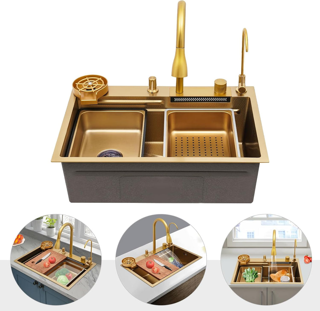 Multifunctional Kitchen Waterfall Sink, Gold Stainles Steel Kitchen Sink Double Sliding Rail, Double Bowl Sink with 3-Mode Cold & Hot Water Faucet 26.77x18.11x8.66in for Kitchen Bar Hotel(Gold)