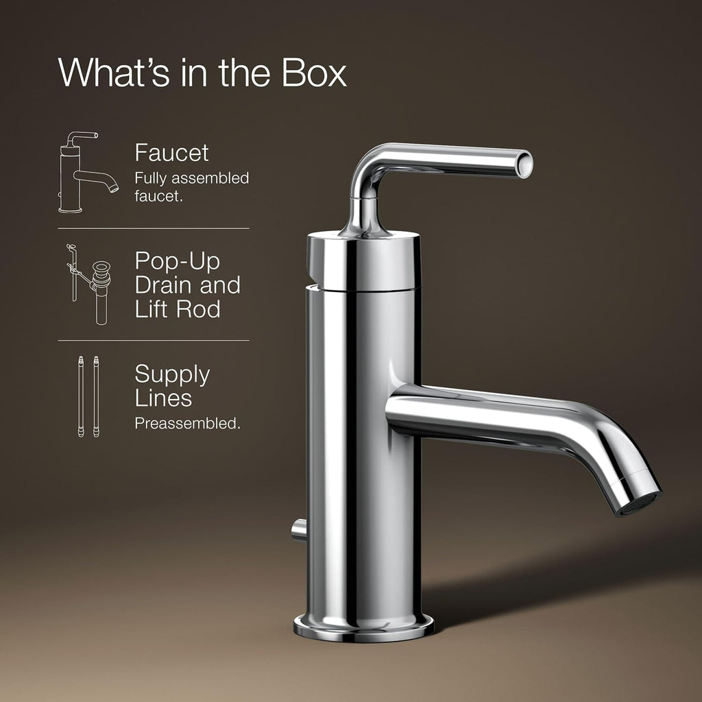 KOHLER K-14402-4A-CP Purist® Single-Handle Bathroom Sink Faucet, Straight Lever Handle, Bathroom Faucets, 1.2 GPM, Polished Chrome