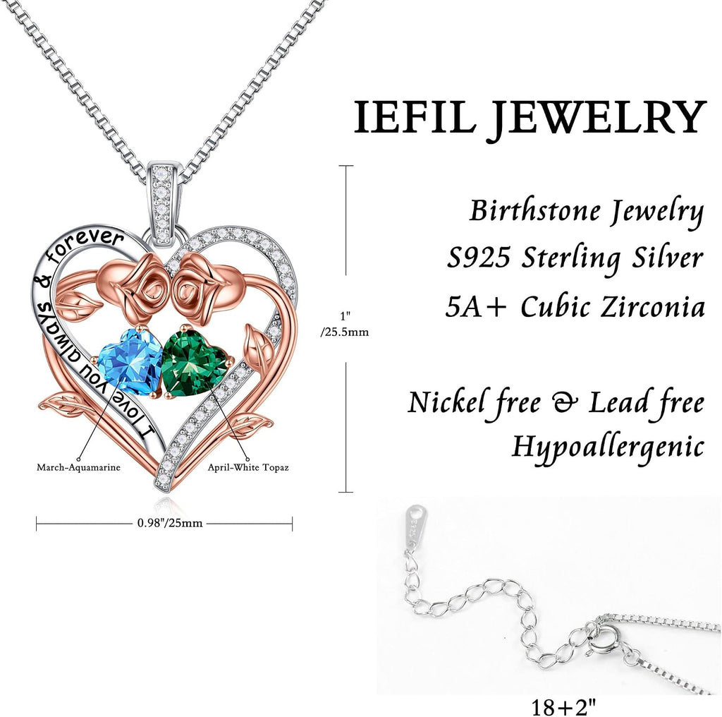 Iefil Rose Heart Double Birthstone Necklace Gifts for Wife Girlfriend Her Women, Birthstone Jewelry Gemstone Birthday Gifts for Mom Grandma Her Wife Women