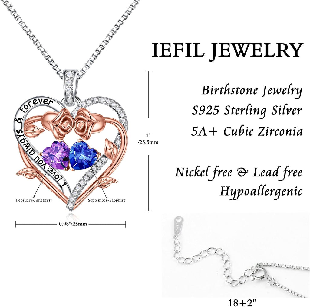 Iefil Rose Heart Double Birthstone Necklace Gifts for Wife Girlfriend Her Women, Birthstone Jewelry Gemstone Birthday Gifts for Mom Grandma Her Wife Women