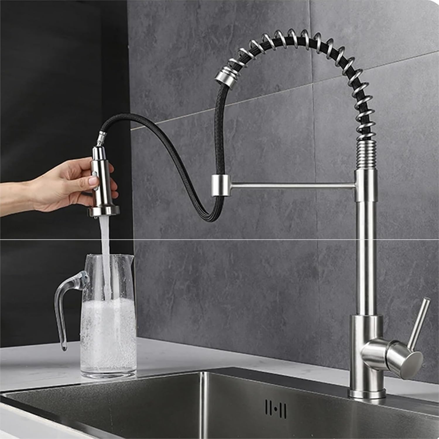 Kitchen Faucet Pull Out Spring Cold and Hot Water Sink Mixer Spray Tap Deck Mounted Stainless Steel Single Handle Tap(Brushed Nickel)