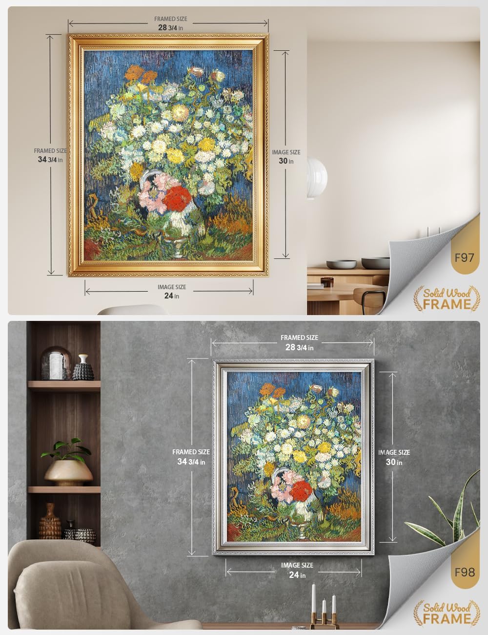 IPIC - Bouquet of Flowers in a Vase, Vincent Van Gogh Art Reproduction. Giclee Canvas Prints Wall Art with classic golden frame. Screen Size:30X24