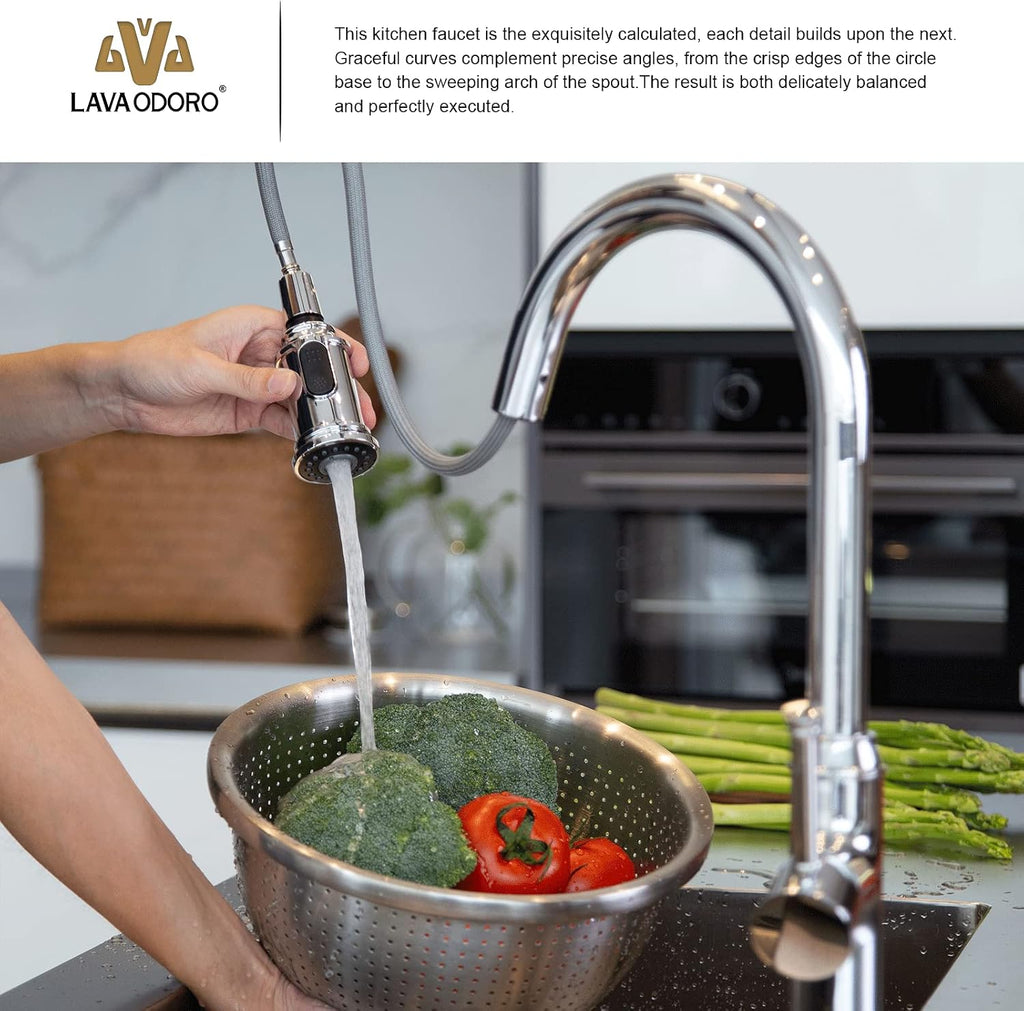 Lava Odoro Chrome Kitchen Faucet with Pull Down Sprayer, Single Hole Kitchen Sink Faucet, Single Handle Kitchen Faucet with 2-Function Sprayer, Deck Plate Included, 1.8 GPM, KF421-C