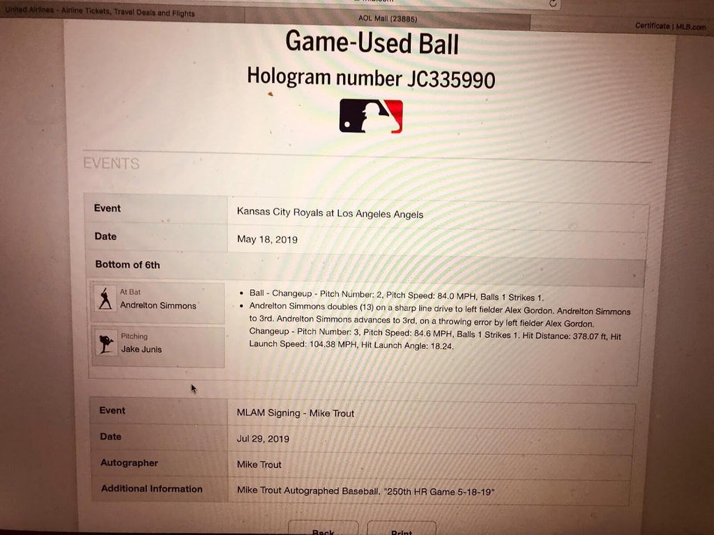 Mike Trout Signed/Inscribed MLB Holo/ Game Used 250th HR baseball/ MVP Milestone - MLB Game Used Baseballs