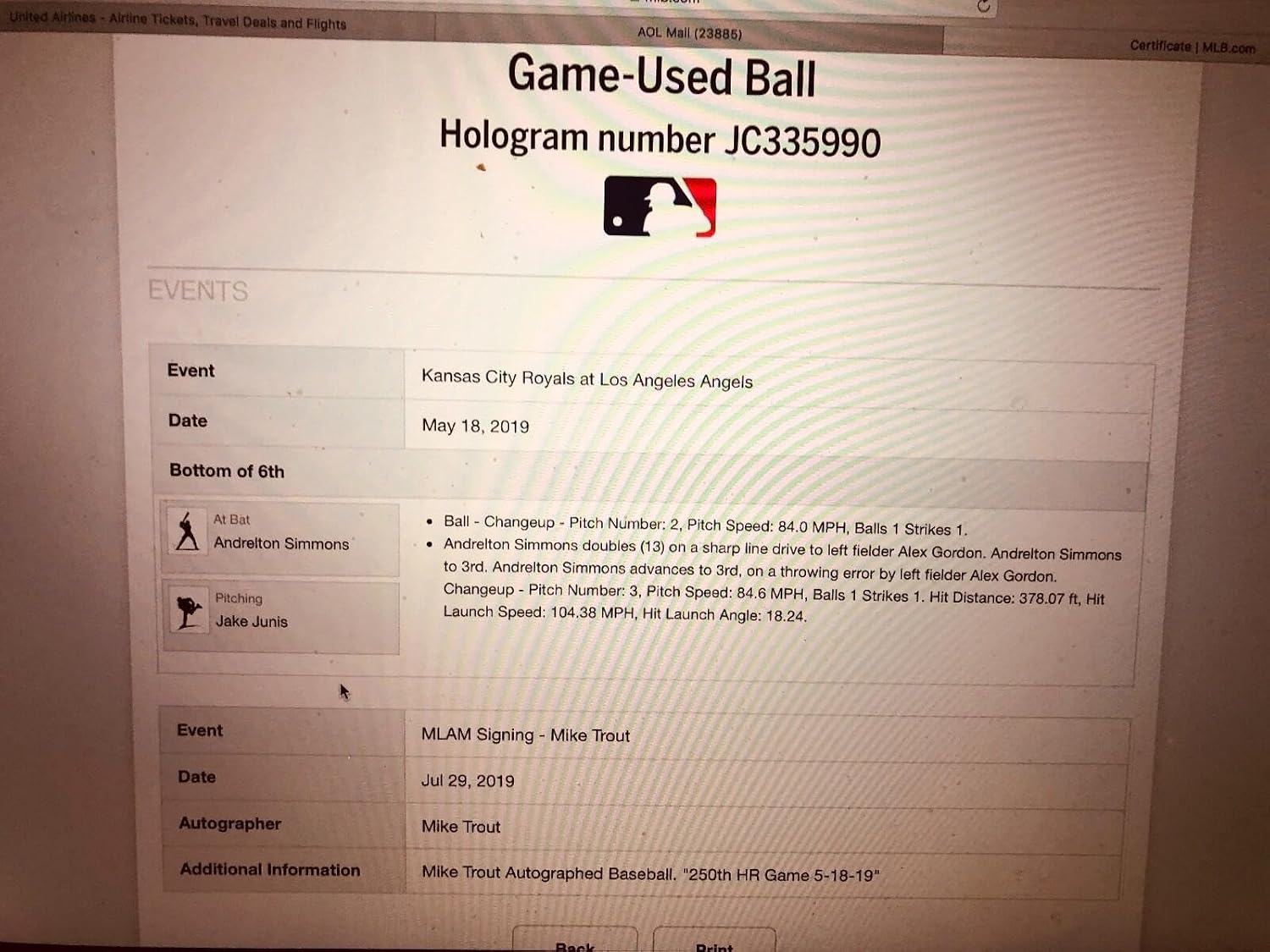 Mike Trout Signed/Inscribed MLB Holo/ Game Used 250th HR baseball/ MVP Milestone - MLB Game Used Baseballs