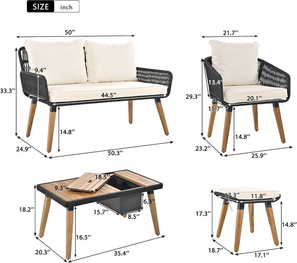 6-Piece Rope Patio Furniture Set, Outdoor Furniture With Acacia Wood Cool Bar Table With Ice Bucket , Deep Seat Patio Conversation Set With Two Stools For Backyard Porch Balcony (Black & Beige-001)