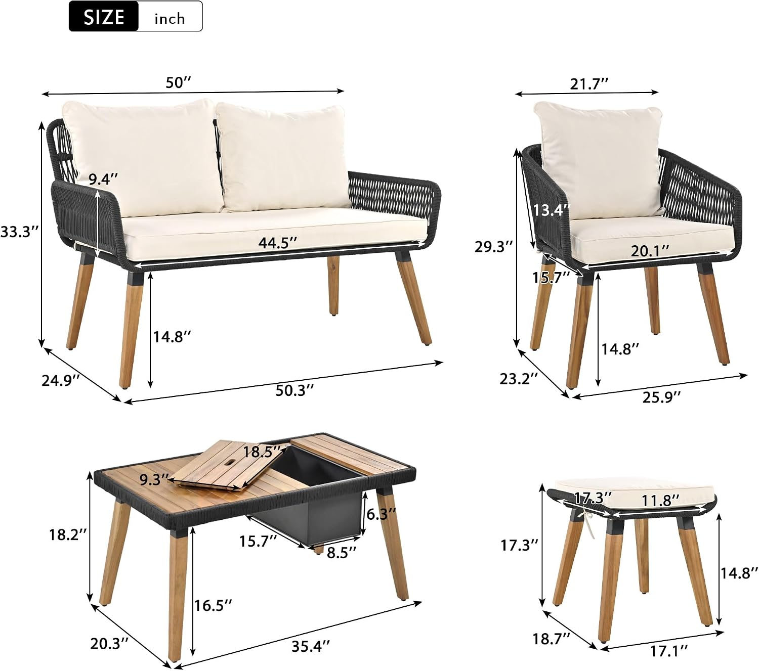 6-Piece Rope Patio Furniture Set, Outdoor Furniture With Acacia Wood Cool Bar Table With Ice Bucket , Deep Seat Patio Conversation Set With Two Stools For Backyard Porch Balcony (Black & Beige-001)