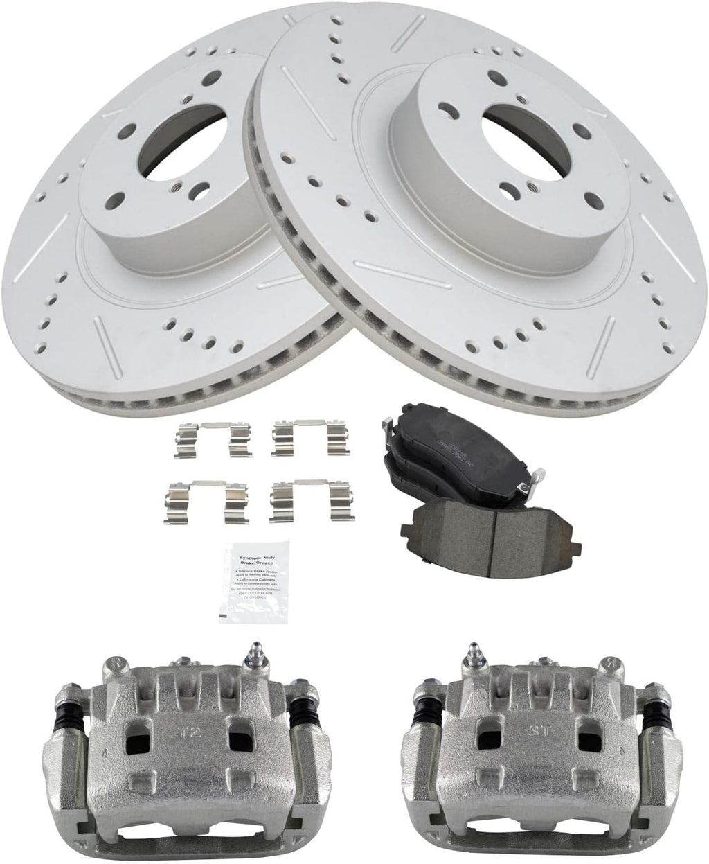 TRQ Performance Front Brake Pad and Rotor Set Ceramic Slotted Drilled G Coated Vented Rotors Calipers Compatible with 2005-2006 Subaru Baja 2009-2010 Forester 2006-2012 Legacy 2005-2012 Outback