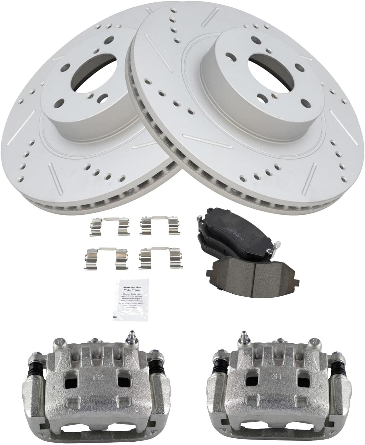 TRQ Performance Front Brake Pad and Rotor Set Ceramic Slotted Drilled G Coated Vented Rotors Calipers Compatible with 2005-2006 Subaru Baja 2009-2010 Forester 2006-2012 Legacy 2005-2012 Outback