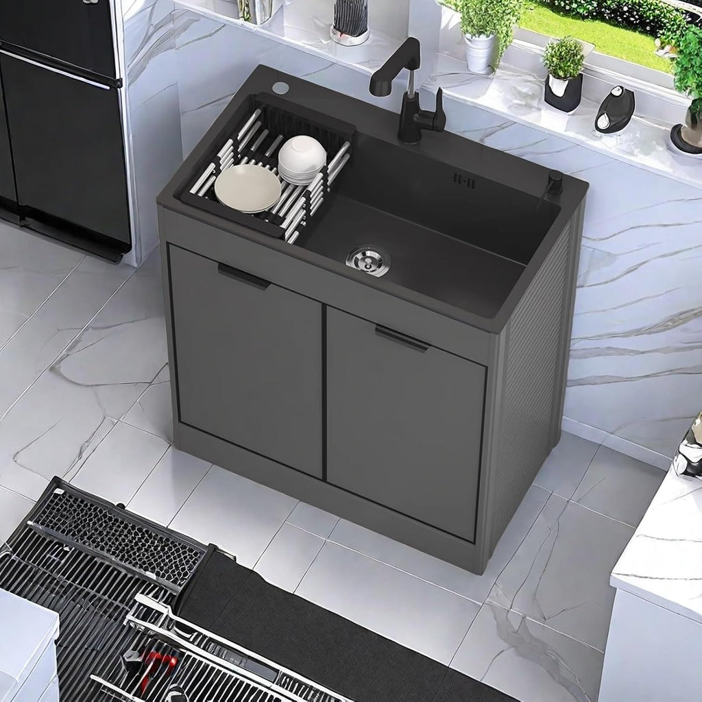 31.4' Black Laundry Utility Cabinet with Stainless Steel Sink and Cold and Hot Water Faucet, Laundry Room Sink Suitable for Kitchens, Toilets and Bathrooms, Standalone Kitchen Sink Kit, Laundry Sink