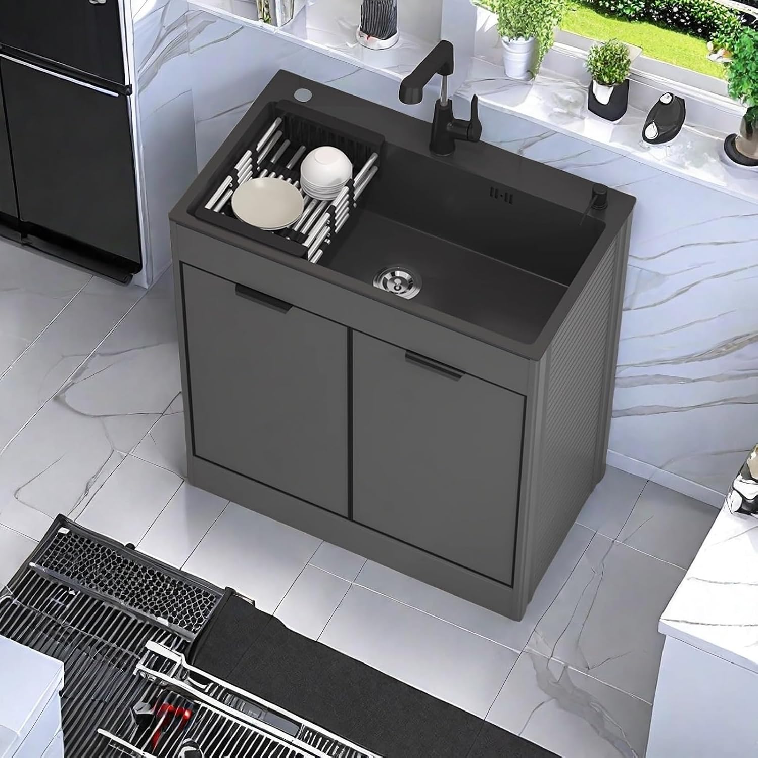 31.4' Black Laundry Utility Cabinet with Stainless Steel Sink and Cold and Hot Water Faucet, Laundry Room Sink Suitable for Kitchens, Toilets and Bathrooms, Standalone Kitchen Sink Kit, Laundry Sink
