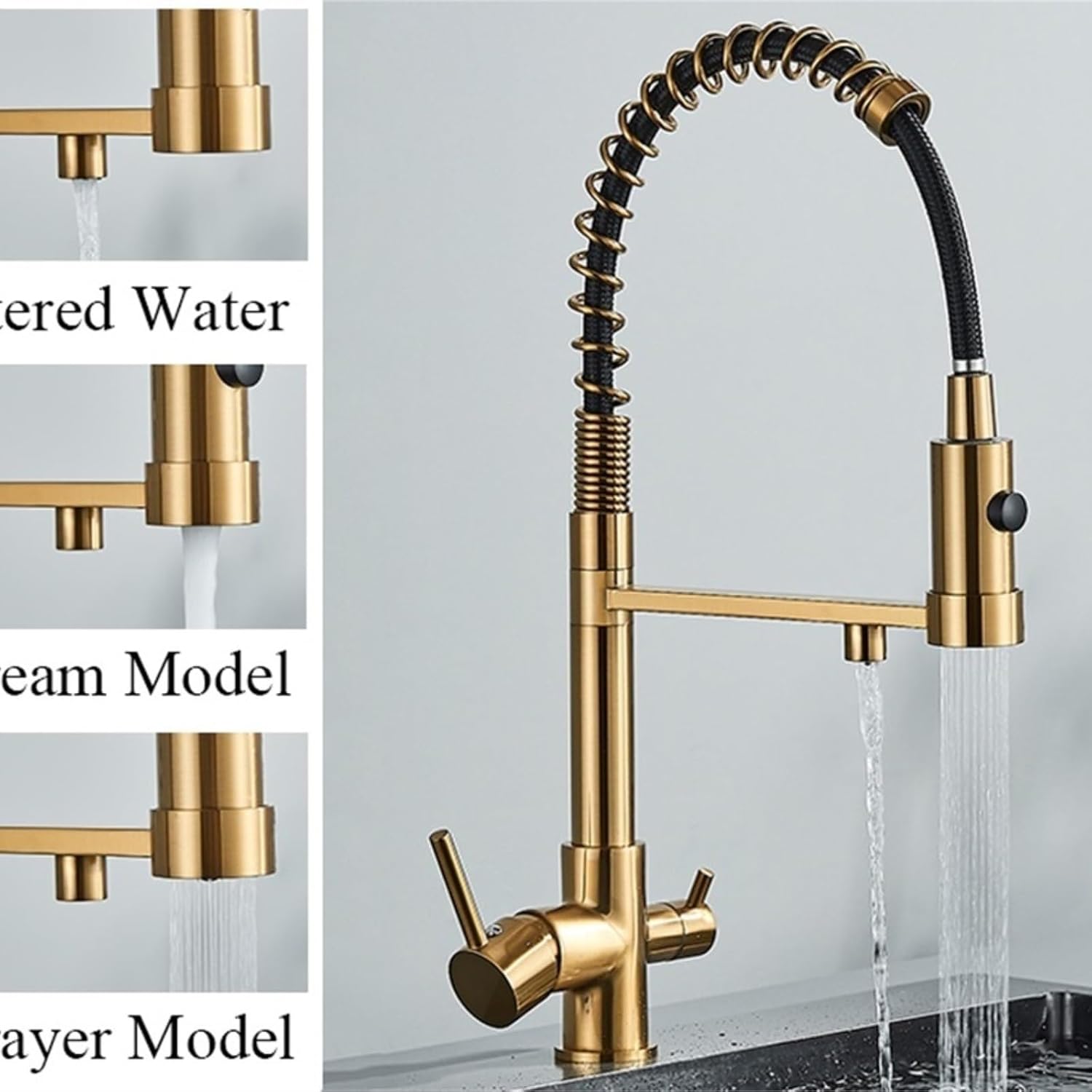 Filtered Kitchen Faucet Pure Drinking Water Brass Kitchen Tap Daul Spout Water Purifier Faucet(Brushed Gold)