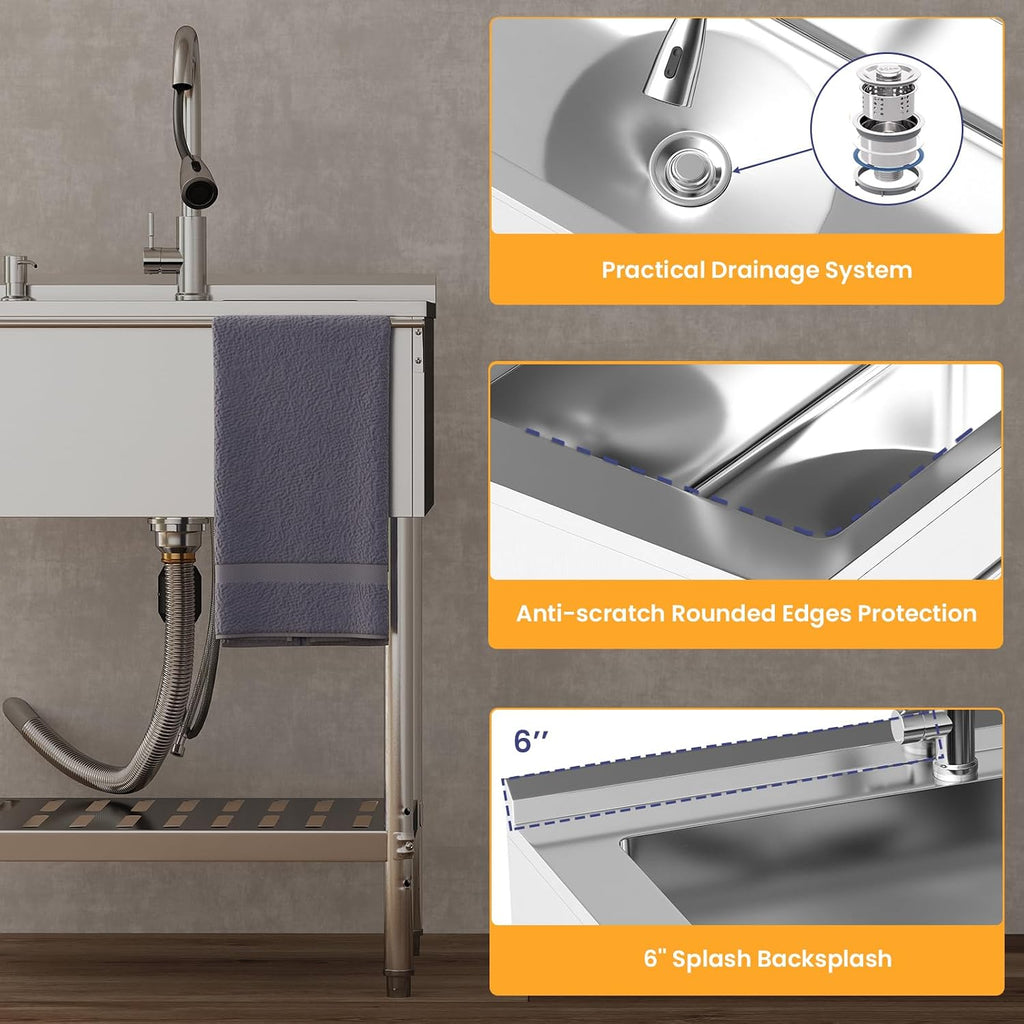Stainless Steel Utility Sink, 25.6'' Free Standing Single Bowl Sink with Pull-Out Faucet & Cold and Hot Water Pipe & basket, Indoor and Outdoor Sink for Laundry Room, Garage, Kitchen, Silver