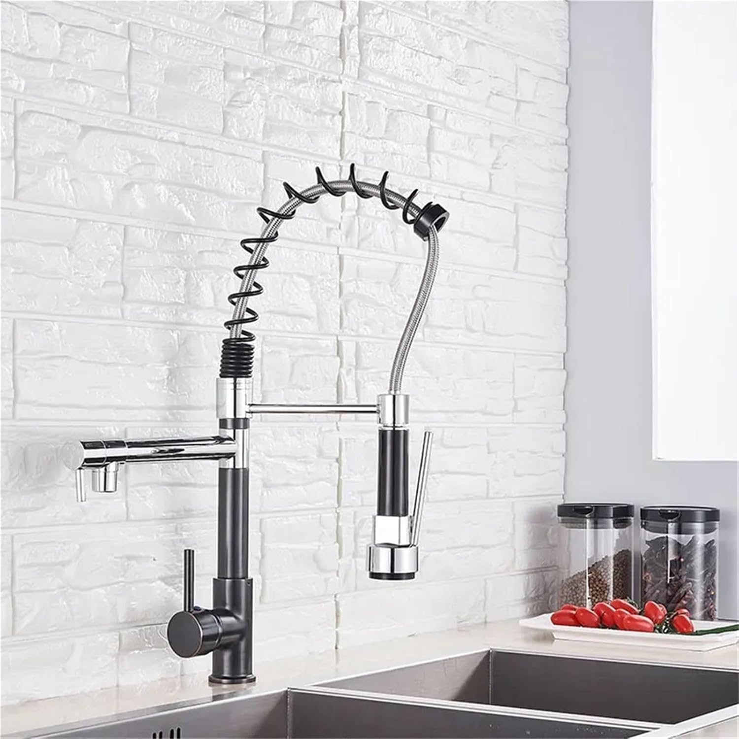 Kitchen Spring Faucet Pull Down Pull Out Dual Spouts 360 Rotation Cold and Hot Water Single Handle Mixer Tap(Chrome)