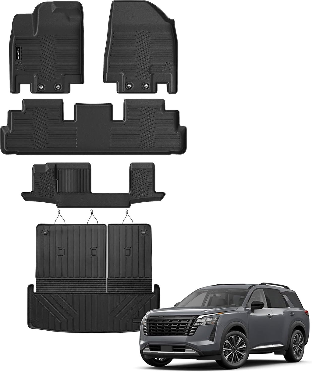 Auxko All Weather Floor Mats Cargo Mat Back Seat Mat Fit for Nissan Pathfinder 7&8 Seat 2026 2025-2022 TPE Floor Liner Trunk Mat Pathfinder Accessories All Season Odorless Anti-Slip Black