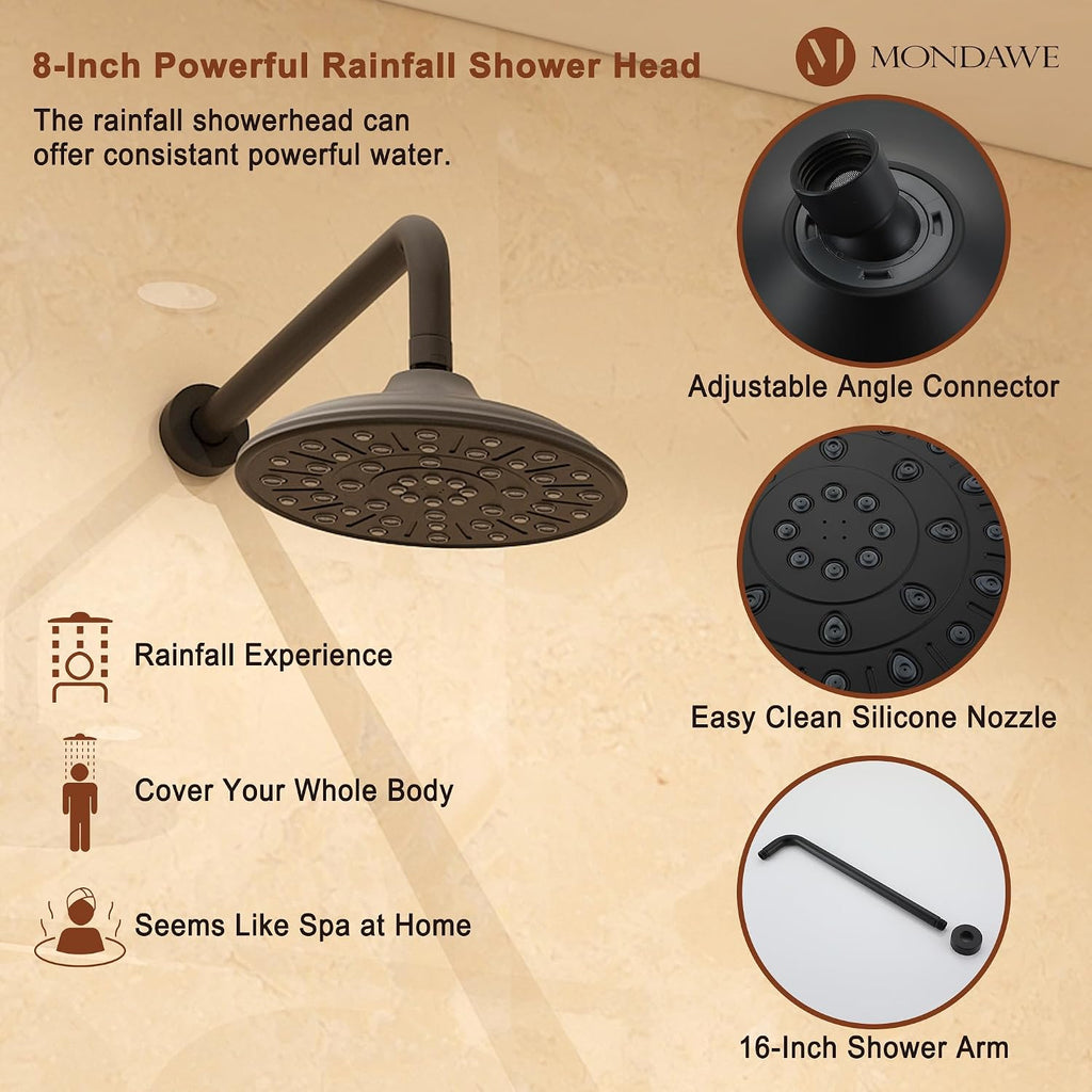 MONDAWE 8 Inch Wall Mounted Shower Faucet Set in Matte Black, Rainfall Shower Head with 3-Setting Handheld Spray Shower Set Combo, High Pressure Shower System with Solid Brass Valve