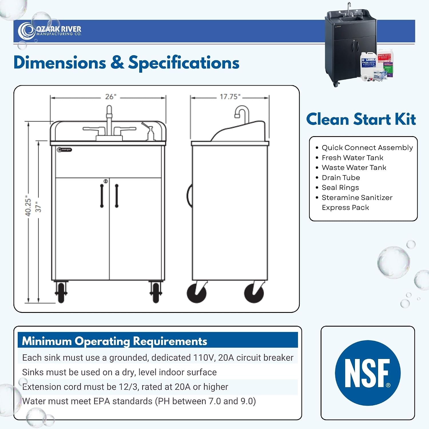 Ozark River Portable Sinks Premier Black & Clean Start Kit Bundle, Black Laminate-ABS, Portable Sink with Hot Water, Self-Contained Sink, Portable Hand Washing Station, 110V