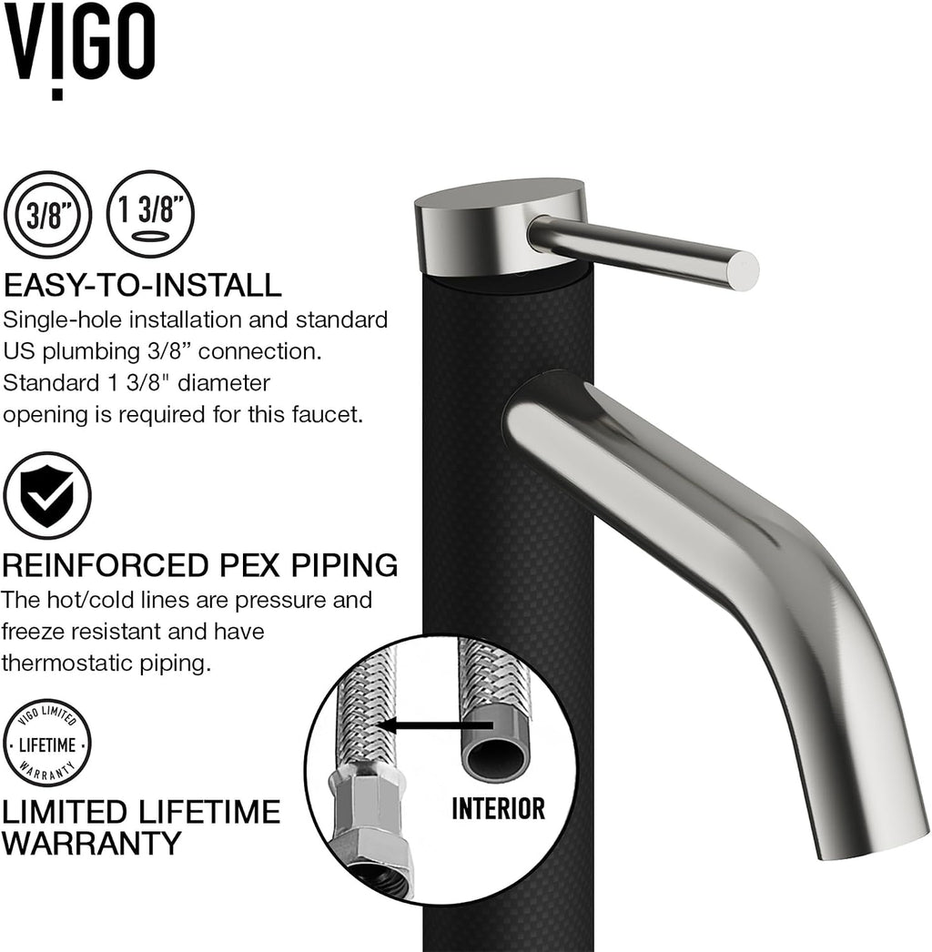 VIGO Lexington Single-Handle Single-Hole Mount Vessel Bathroom Sink Faucet, 10-Inch, Brushed Nickel, Modern Design, Solid Brass, 1.2 GPM WaterSense & Ceramic Disc Valve, Corrosion-Resistant