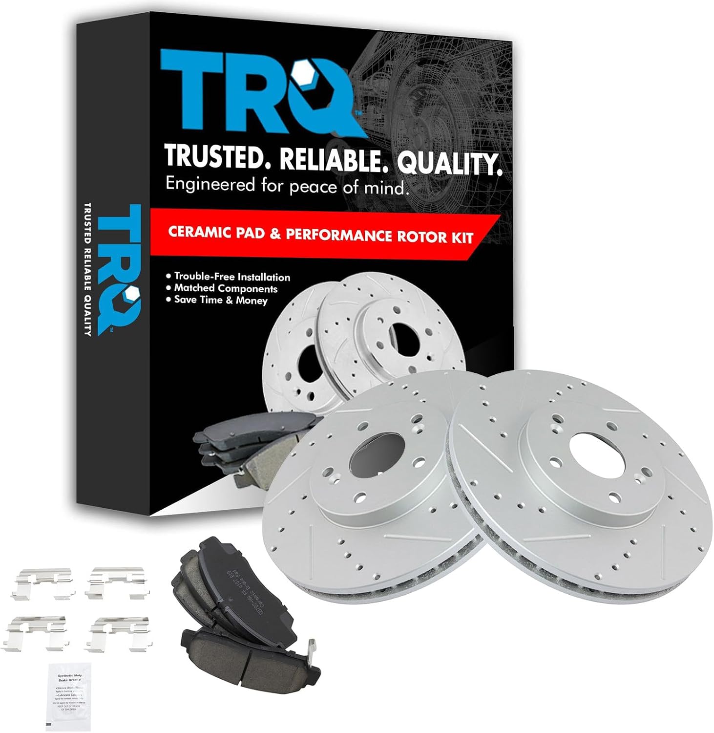 TRQ Performance Front Brake Pad and Rotor Kit Ceramic Slotted Drilled G-Coated Compatible with 2001-2003 Acura CL 1999-2008 TL 2004-2010 TSX 2003-2009 Honda Accord