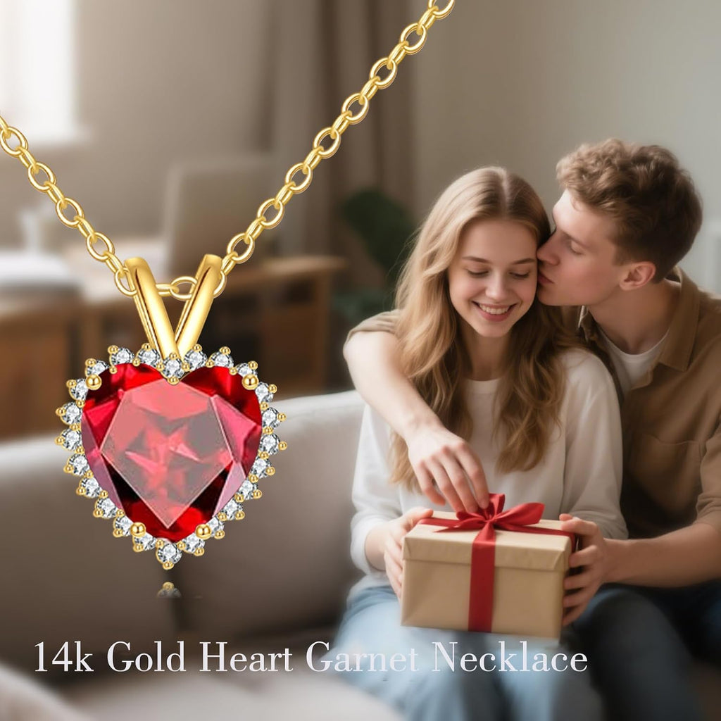 ELFRONT 14k Real Gold Heart Sapphire/Ruby Necklace Heart Stone Pendant Solid Gold Jewelry For Women Female Lover Mother Gifts
