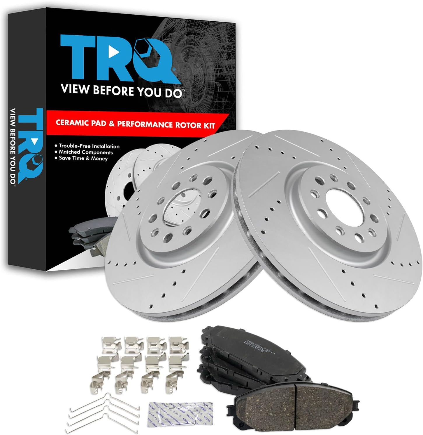 TRQ Performance Front Brake Pad and Rotor Set Ceramic G Coated Drilled Slotted Rotors Compatible with 2016-2021 Jeep Cherokee