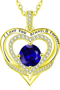 14K Gold Heart Necklaces for Women with Birthstone Pendant ，Double Hearts Necklace Jewelry Gift for Girlfriend Mom Anniversary Birthday Adjustable Chain 18' + 2' 'I Love You Always & Forever