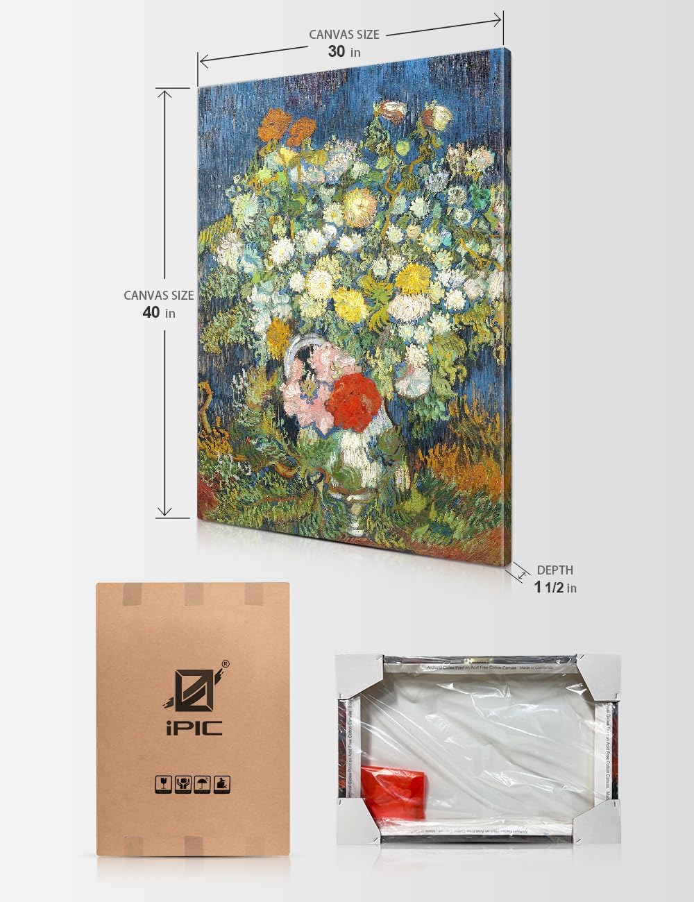 IPIC - Vincent Van Gogh Vase with Chrysanthemums and Other Flowers Giclee Canvas Print, Floral Still Life Wall Art, 1.5' Gallery Wrapped Large Canvas for Living Room Decor, Made in USA