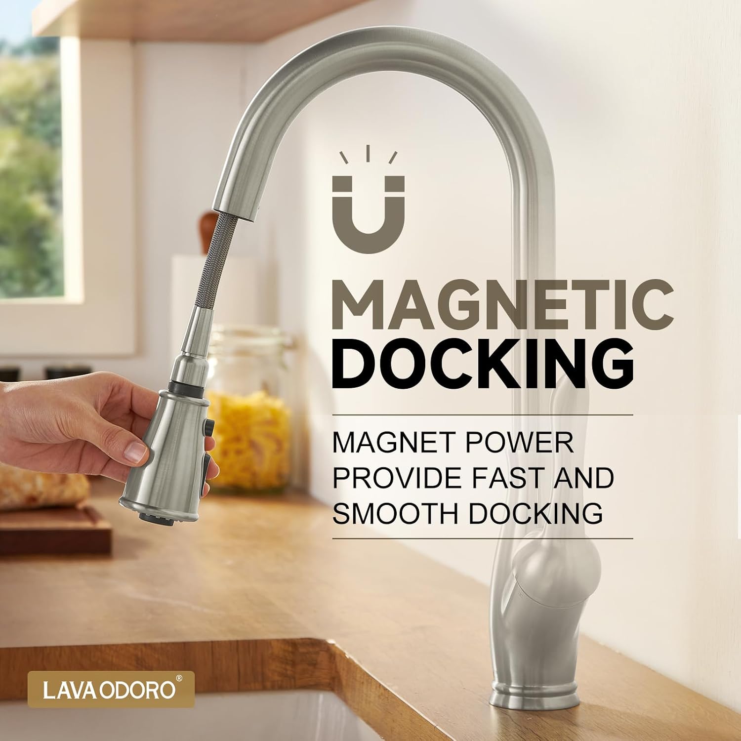 Lava Odoro Kitchen Faucet with Pull Down Sprayer, Brushed Nickel Kitchen Sink Faucet with Magnetic Docking Spray 3-Function, Brass Faucet for Kitchen Sink 1 Hole and 3 Hole with Deck Plate, KF271-BN