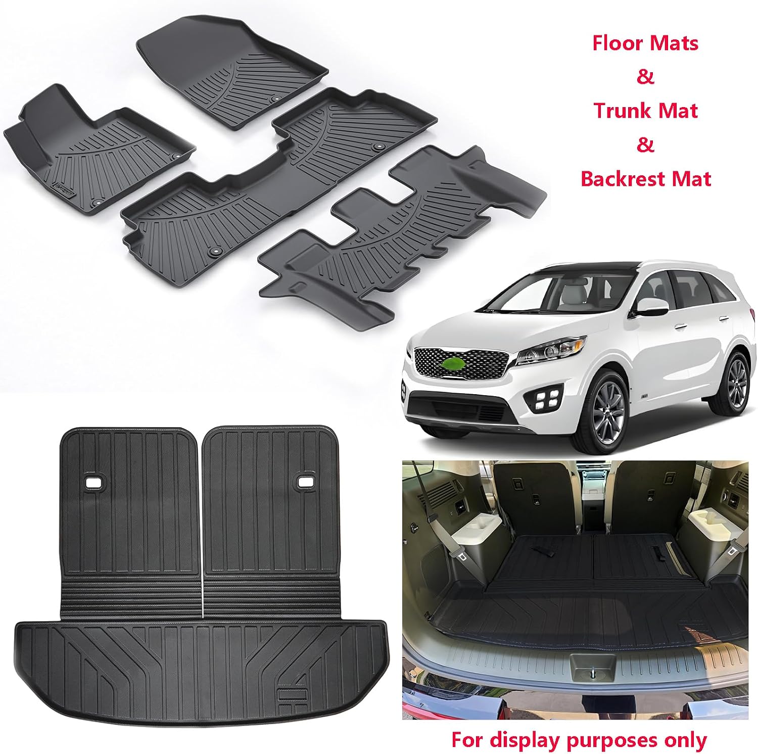 All-Weather TPE Floor Mats for 2016-2020 Kia Sorento, 3 Row Custom Fit Floor Liners，Cargo Liner with Seat Back Protection, Heavy Duty Non-Slip, Trunk Mat Set