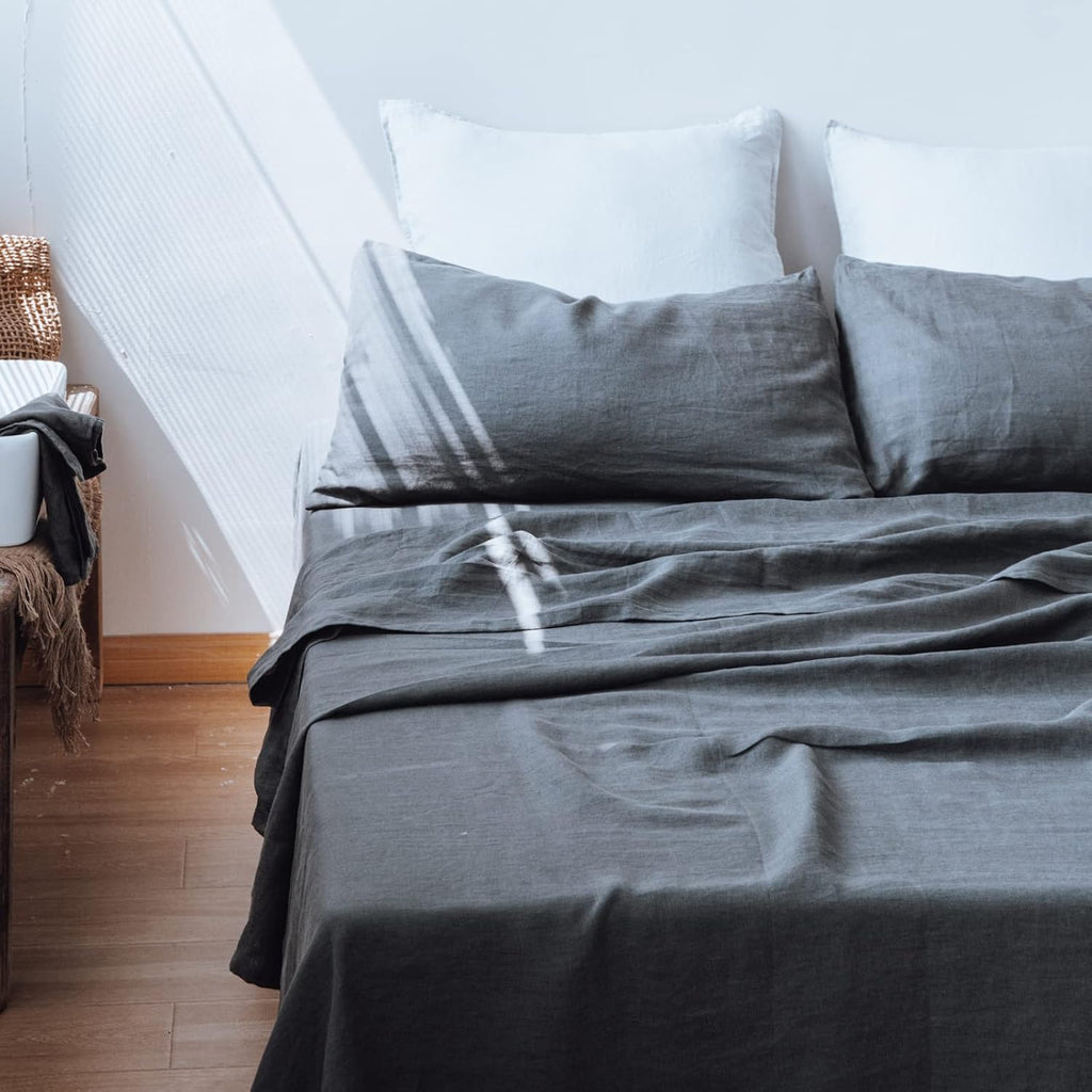 Simple&Opulence 100% Linen Sheet Set 3pcs Basic Style, Deep Pocket, Natural French Washed Flax Solid Color Soft Breathable Bed Sheets - Dark Grey, Twin
