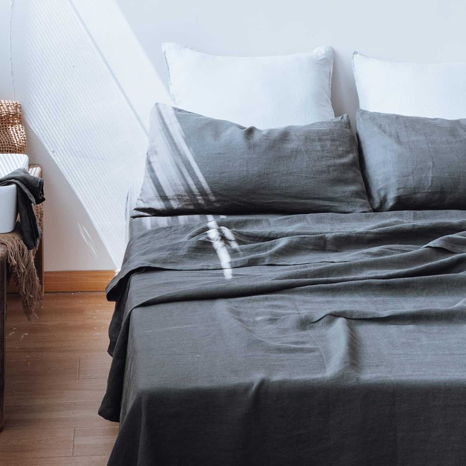 Simple&Opulence 100% Linen Sheet Set 3pcs Basic Style, Deep Pocket, Natural French Washed Flax Solid Color Soft Breathable Bed Sheets - Dark Grey, Twin