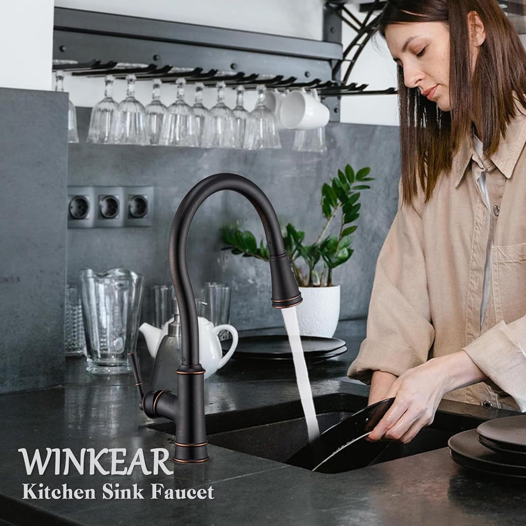 Kitchen Faucets with Pull Down Sprayer, Oil Rubbed Bronze High Arc Antique Brass Single Handle Vintage Kitchen Sink Faucet with 1 or 3 Hole Deck Plate for Farmhouse Laundry Camper Rv Bar