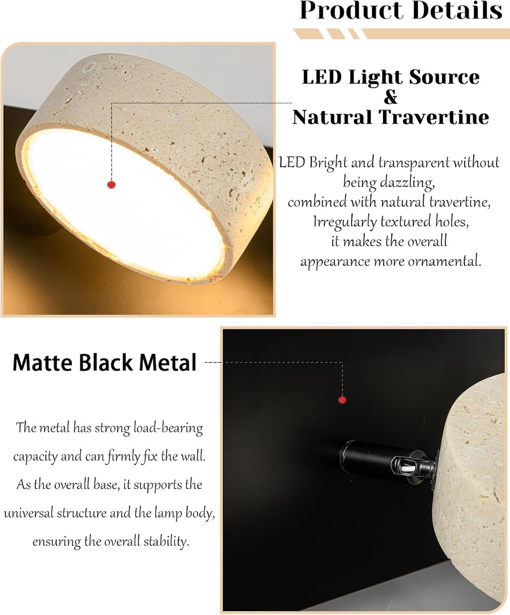 Travertine Vanity Light, 19.7 Inch Nordic Style Farmhouse Vanity Lights with 360° Rotatable Natural Stone Lampshade and Black Metal Base Wabi Sabi Vanity Lights Fixture for Bathroom (4 Lights)